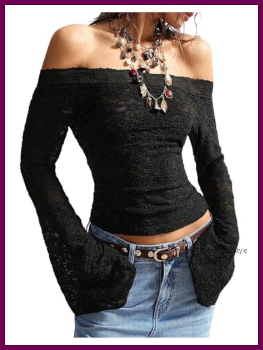 Lace Off The Shoulder Top Bell Sleeve Slim Fit Textured Women's